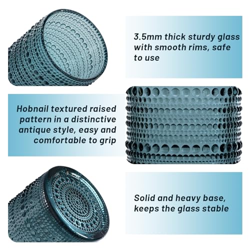 Hobnail Drinking Glasses Set of 6, Vintage Colored Glassware 11oz, Beverage Glass Cups for Water, Juice, Cocktail (Blue)