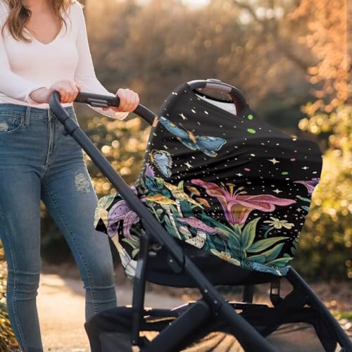 Image of Coldinair Mushroom Car Seat Cover for Babies Boys Girls,Floral Nursing Cover,Soft Stretchy Infant Carseat Canopy,Shopping Cart /High Chair /Stroller Covers