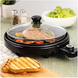 Grill Elétrico Premium Redondo, Antiaderente, 40cm, 1200W, com Termostato Ajustável, Preto, Bandeja Coletora, para Churrascos e Grelhados