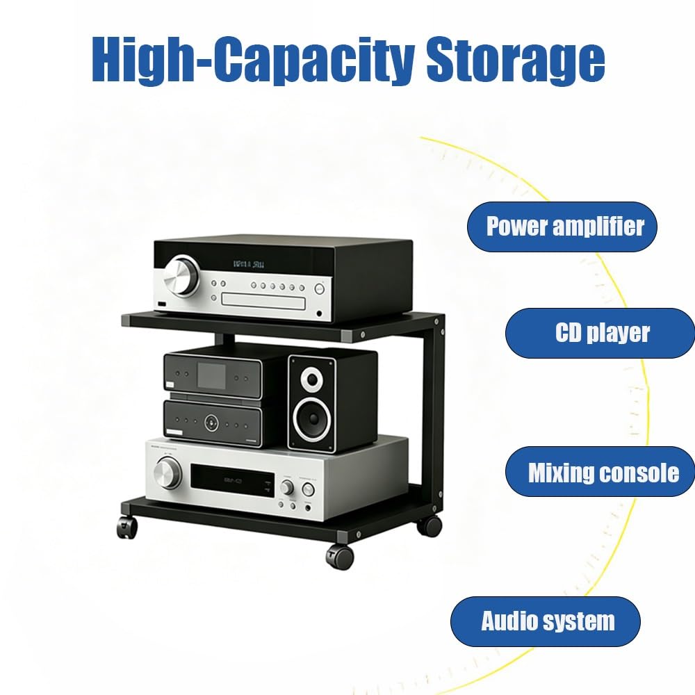 Ripiano multimediale AV, 2 ripiani, stereo per console di gioco, scaffale CD, organizer per componenti stereo di intrattenimento (colore nero, 50 x 40 x 30 cm)