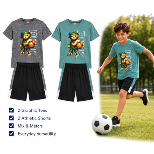 Image of Pro Athlete Boys Shorts Sets - 4 Piece Dry Fit Short Sleeve Crewneck Graphic Tee and Performance Shorts for Boys (Sizes 8-16)