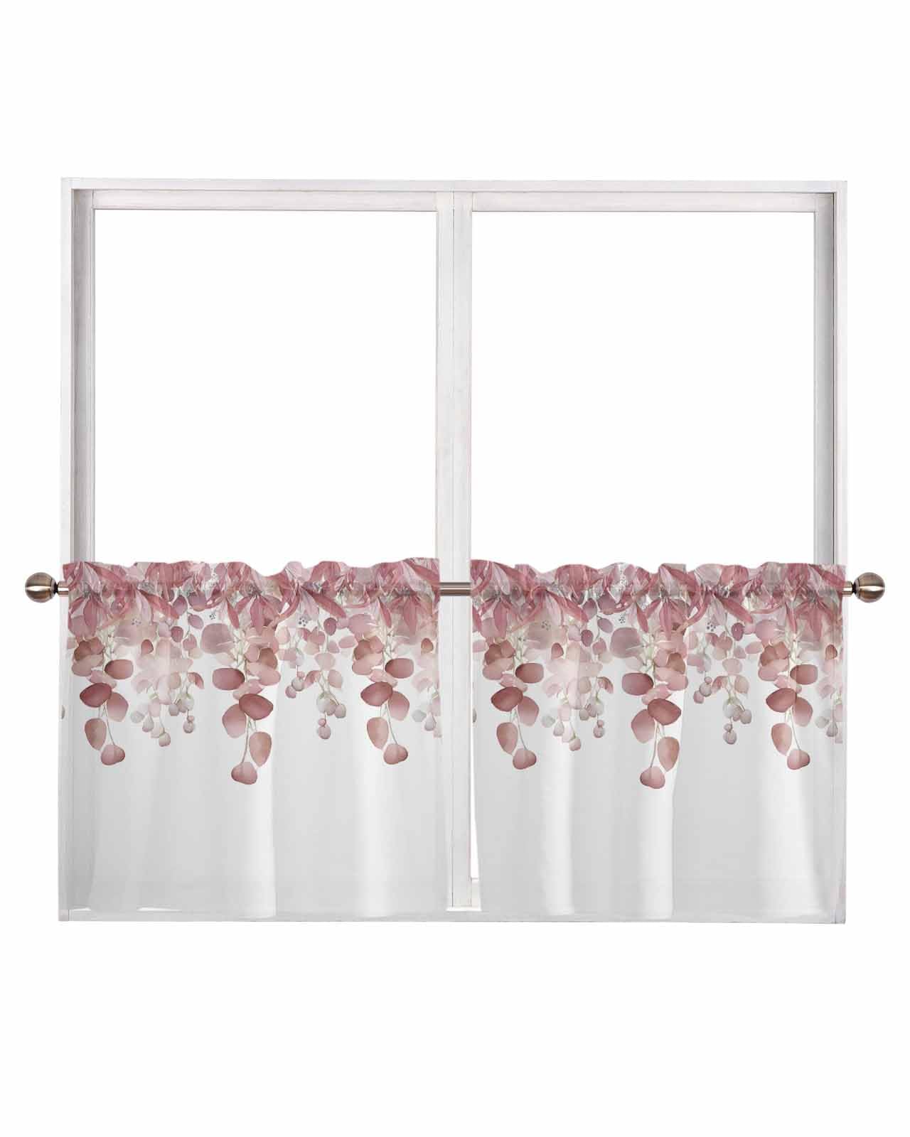Eucalyptus Leaves Window Sheer Curtain Panels Sets of 2,Small Tier Drape Curtains 24 Inches Long for Kitchen,Bedroom,Living Room,Rod Pocket Drapery