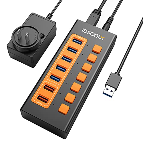 iDsonix USB Hub, 7-Port 15V/4A Powered USB 3.0 Hub BC1.2 (5V2.4A) and QC3.0 (18w) Fast Charge, 5Gbps Transfer Speed with Individual Switches Aluminum Alloy USB-A Hub for Laptop, PC, HDD, SSD and More