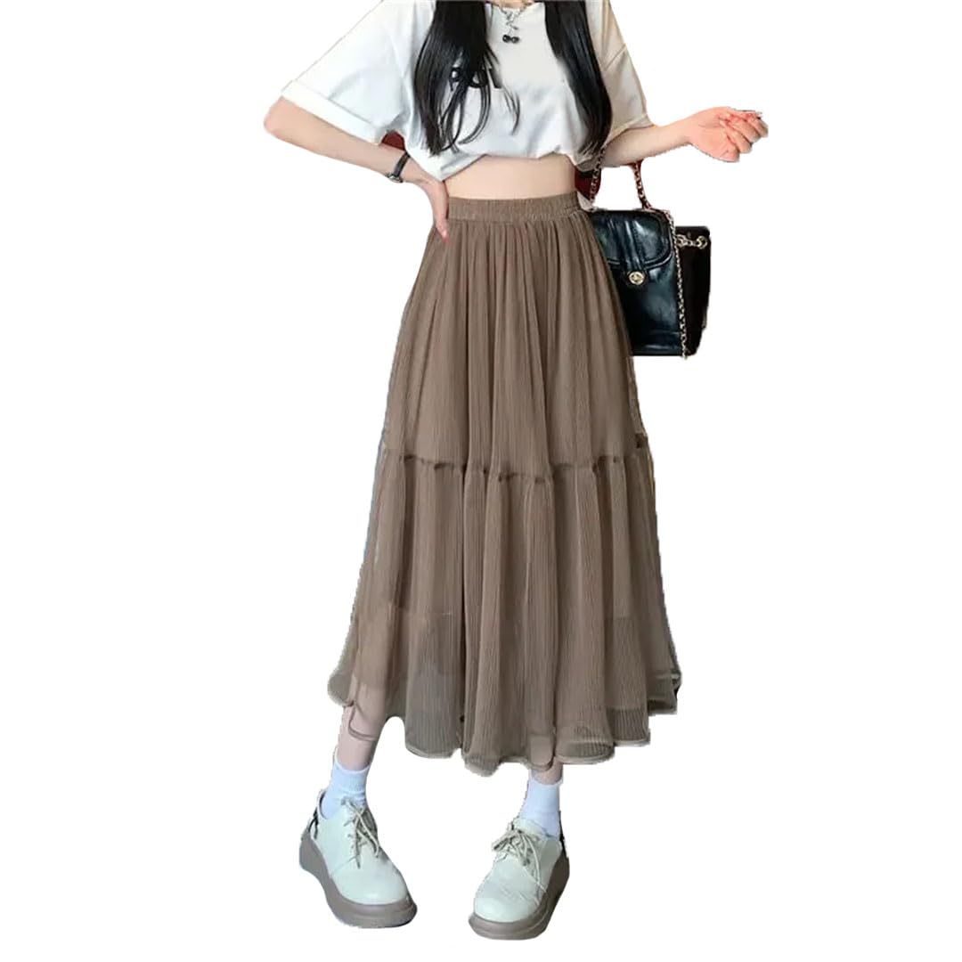 Gonna da donna a pieghe a vita alta, in tulle, stile Harajuku, linea ad A