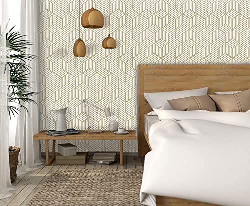 Image of FOKRIM Gold and White Geometric Wallpaper for Walls 45.5x305cm Sticker Wallpaper Peel and Stick Hexagon Removable Self Adhesive Waterproof Wallpaper