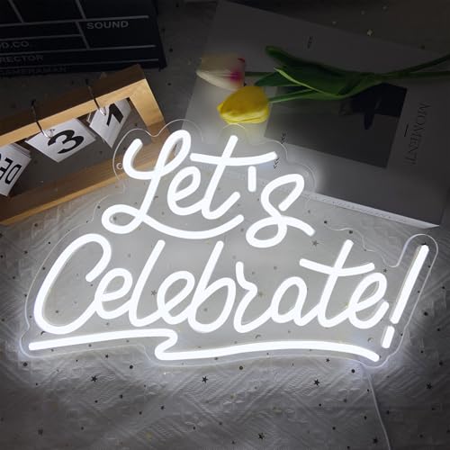 Image of Let's Celebrate Neon Sign, Dimmable LED White Letter Neon Light Signs, Lets Celebrate Neon Signs for Wall Decor, Lets Party Neon Sign Cheers Words Neon Signs Graduation Party Celebration Wedding Bar