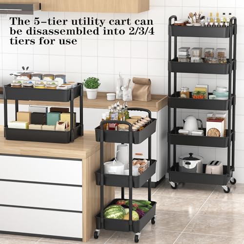 Image of Sywhitta 5-Tier Plastic Rolling Utility Cart with Wheels,Black | Multi-Functional Storage Trolley, for Office, Living Room, Kitchen, Bathroom,Movable Organizer,Space-Saving,Easy to assemble
