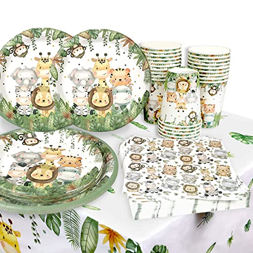 Jungle Animal Vajilla, 51PCS Vajilla de Fiesta,Jungle Boy Baby Shower Juego de platos de cumpleaños, Incluyendo Servilletas, Platos Llanos, Tazas, Party Supplies Cover