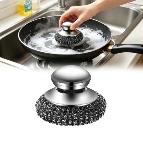Image of Steel Wool Scrubber with Stainless Steel Handle for Cast Iron(1pc) | Scouring Scrubber, For Pots and Pans, Grill and Stove Use, Sink Cleaning, 1 Piece