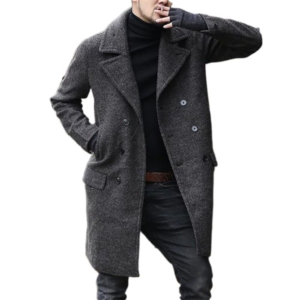 Trench da uomo con colletto dentellato doppiopetto in misto lana leggero, casual, sportivo, all'aperto, affari per la protezione dal freddo e dal vento (Color : Gray, Size : M)