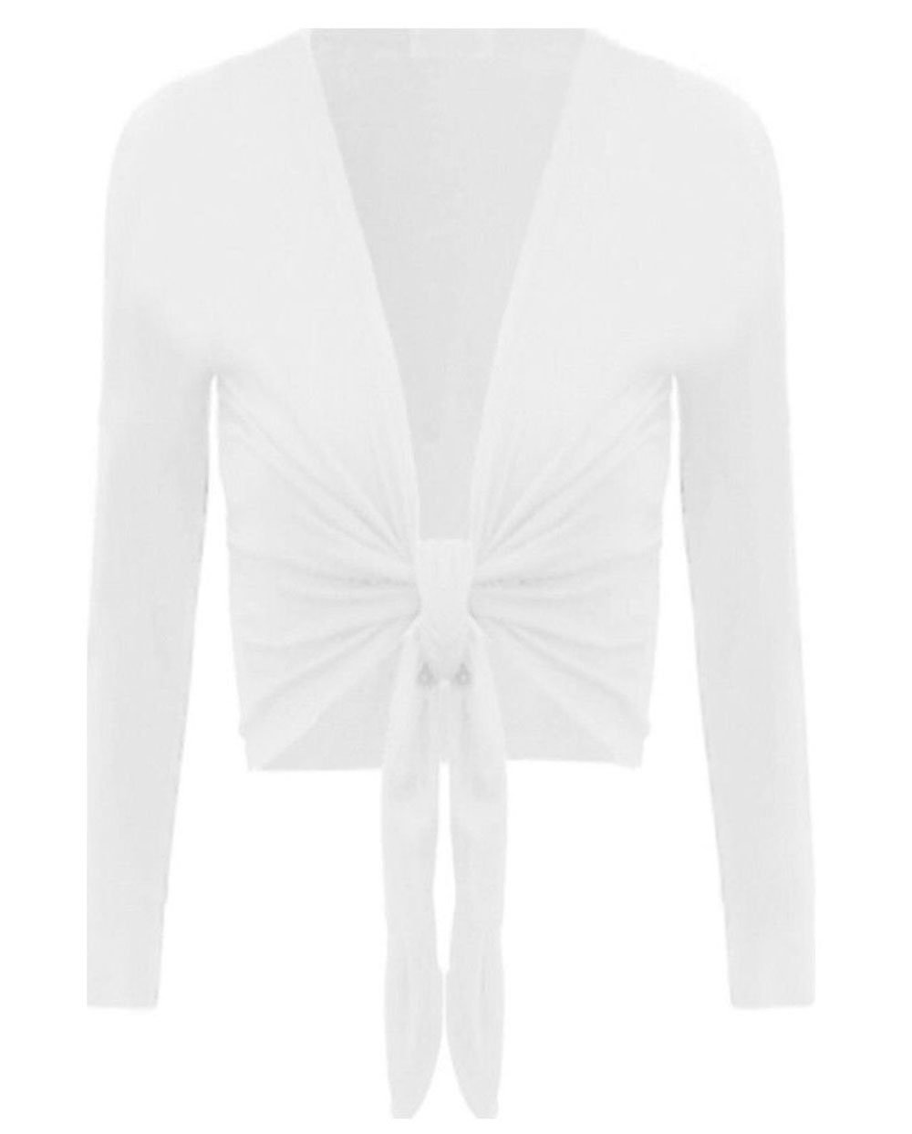 Womens Tie Knot Shrug Short Ladies Crop Cardigan Wrap Bolero Top Plus Size 8-22 White