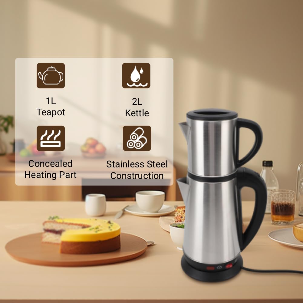 ASHATA Set de Tetera Turca de Acero Inoxidable, Tetera Turca con Infusor y Tapa, 1L y 2L Creador de té de té, Parte de Calefacción Oculta, hasta 12 Tazas, para Casa (Enchufe de la UE 220V)