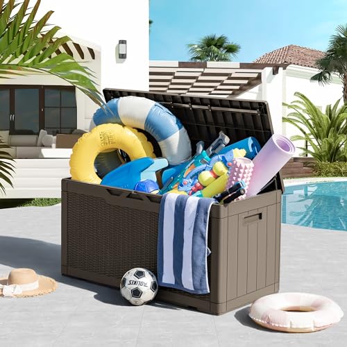 Image of Greesum 100 Gallon Resin Deck Box Large Outdoor Storage, Imitation Rattan Weave Texture for Patio Furniture, Garden Tools, Pool Supplies, Weatherproof and UV Resistant, Lockable, Light Coffee