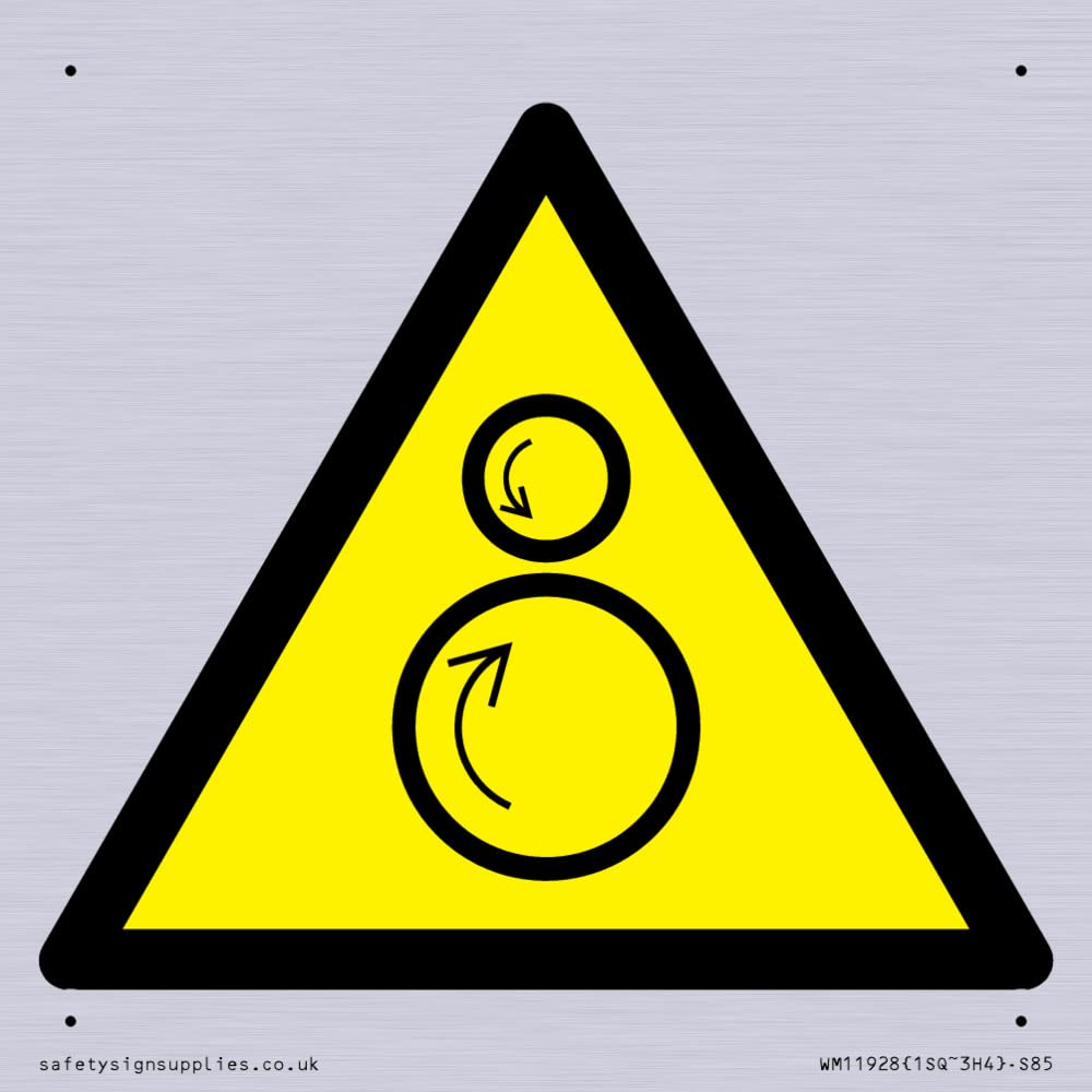 W025 Warning: Counterrotating rollers Sign - 85x85mm - S85, Yellow/White