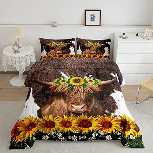 Sunflower HighlCow Comforter Brown Cow Fur Bull Cattle Comforter Set Farmhouse Bedding Set for Kids Boys Girls Western Farm Animal Skin Duvet Set Room Decor Quilt Full Size