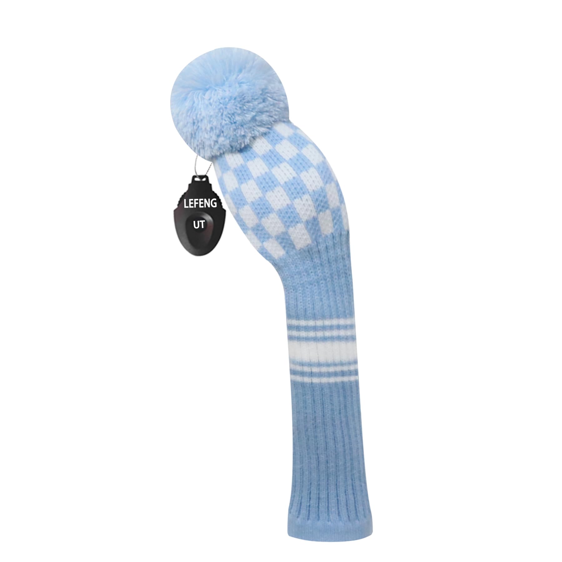 LeFeng 1Pcs Golf Club Cover, Knitted Golf Head Cover for 460cc Driver Fairway Woods and Hybrid with Cute Pom Pom and Number Tag(Blue White Plaid,for Hybrid)
