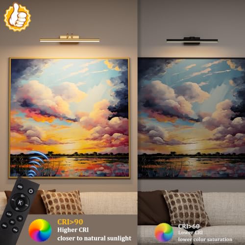 Image of 13.8'' Battery Operated Picture Light for Wall, Remote Control | 4000mAh Cordless,Gold Wall Light, Magnetic for Easy to Charge,Timers, Display for Gallery Living Room Bedroom