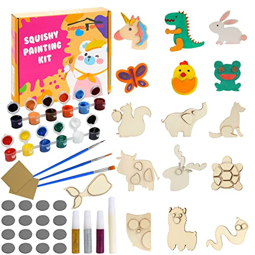 LOVESTOWN Paint Your Own Wooden Magnet, 16 PCS Wooden Magnet Creativity Kit Wooden Magnet Painting Craft Kids Magnet Art Kit for Birthday Party Favors Games Classroom Prize