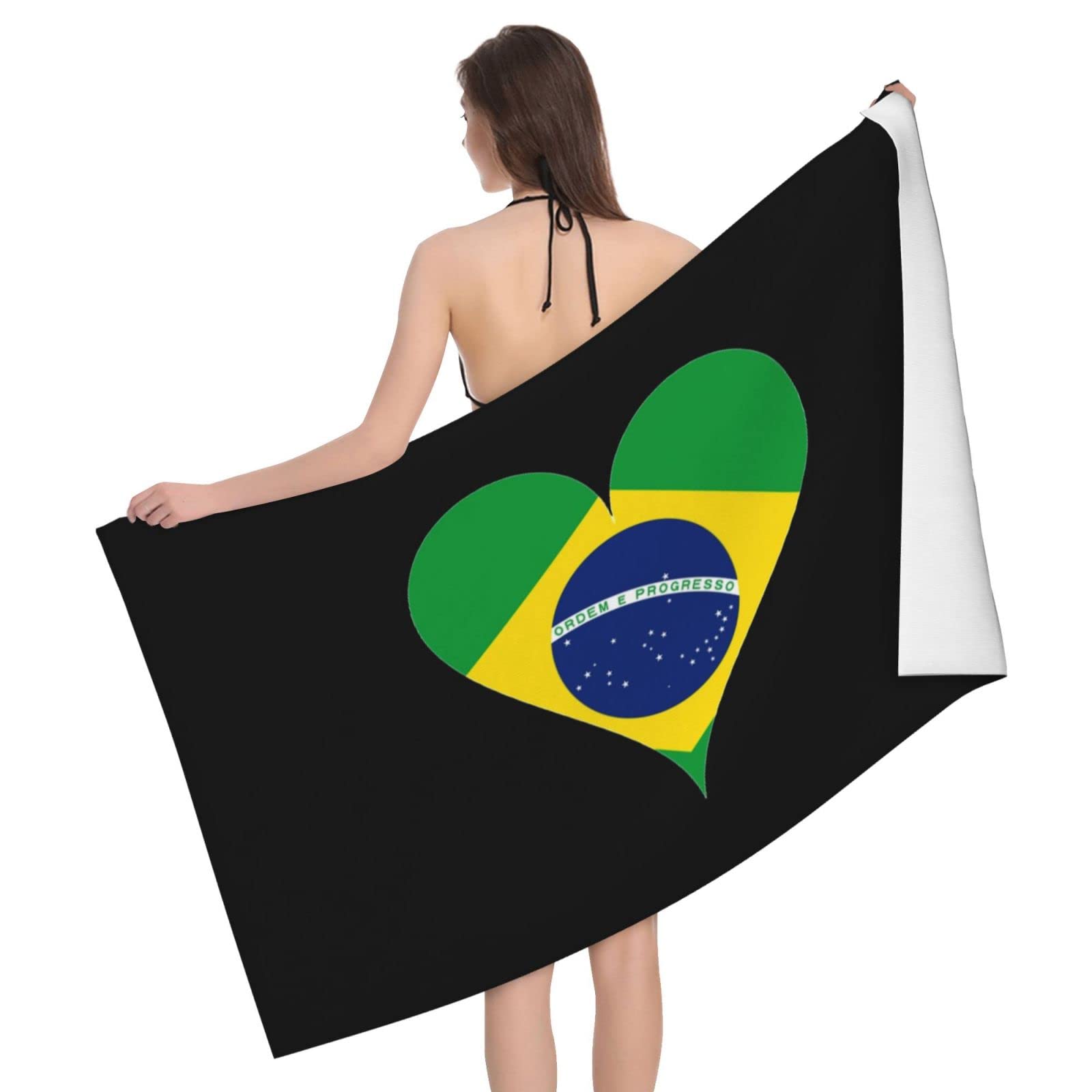 Lsjuee Flag of Brazil Heart Bath Towel Absorb Water Quick Dry Bath Towel, for Beach, Swimming Pool, Camping