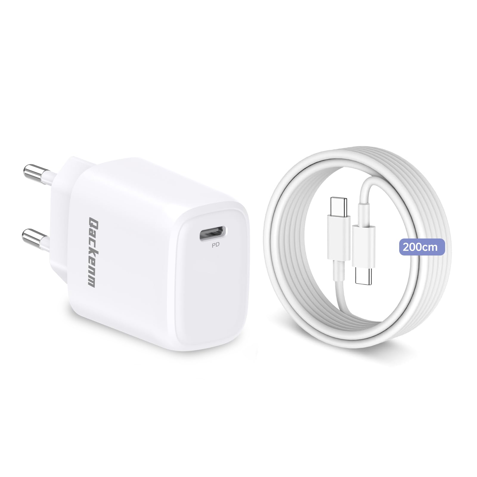 Qackenm 25W USB C Ladegerät mit 2M Ladekabel für Samsung Galaxy S24/S23/S22/S21/S20/S10/S9/S8/A55/A54/A53/A52/A51 A50/A34/A33/A13/A12, USB C Netzteil, Schnellladegerät, Stecker, Ladestecker(Weiß)