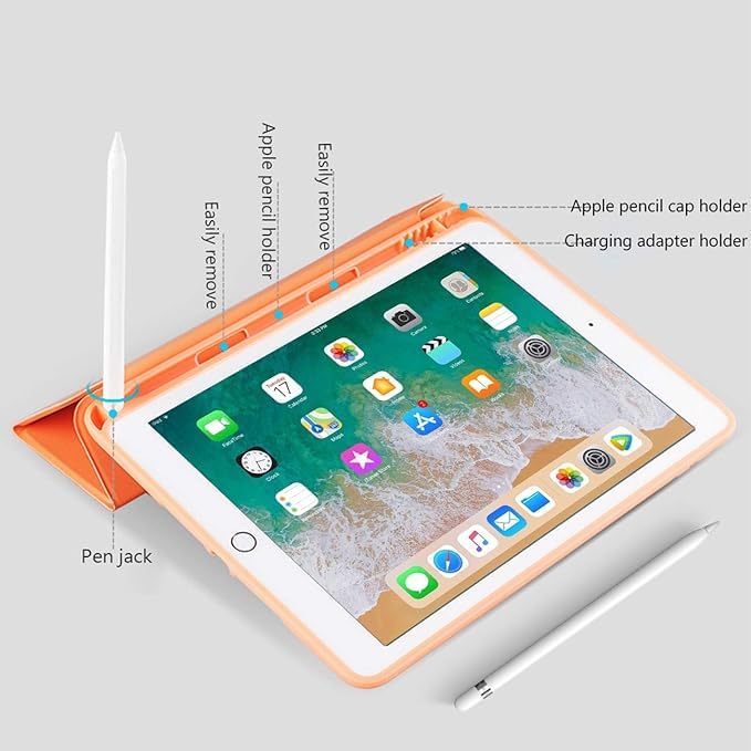 Image of Printme iPad 9.7 Case (2018 /2017 Model, 6th /5th Generation), Smart Cover with Pencil Holder and Soft Baby Skin Silicone Back and Full Body Protection, Auto Wake /Sleep Cover (Orange)
