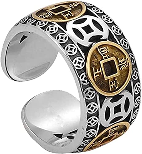 Richluck Max Force Five Empereurs Coins Bague Empereur Chinois Feng Shui, Bague Réglable Cinq Empereurs, Argenté