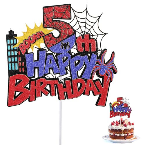 Lustre de aniversário pastel decoração, purpurpurina duradoura suprimentos para decoração de bolos de aniversário com tema de aranhas vermelhas e azuis ideal para meninos meninas (Número 5)