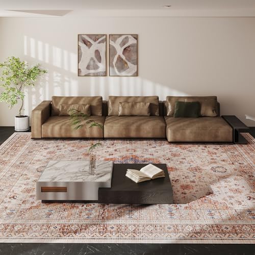 Vintage 9x12 Washable Area Rug, Low-Profile Large Area Rug with Non-Slip Backing & Durable Edge Binding, Pet-Friendly Carpet, Large Rug for Living Room, Bedroom & Dinning Room