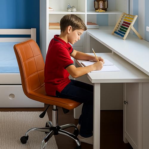 Image of Zidle Adjustable Swivel Office Chair with Cushioned Seat Armless Computer Chair with Wheels Brown Finish Study Desk Chair for Home Office Workstation Seating Modern Compact Design