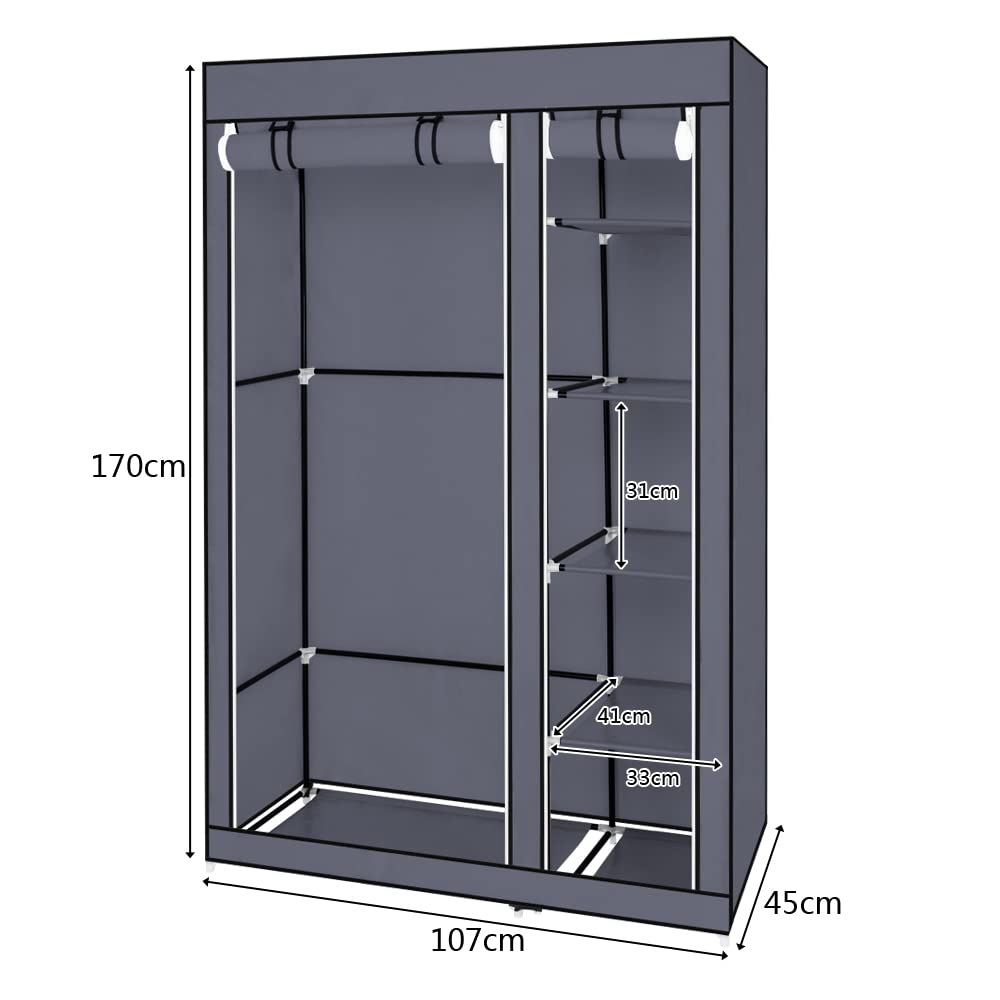 LEADZM Kleiderschrank, Stoffschrank, Garderobe Faltschrank mit Kleiderstange und Ablagen, Stabiler Schrank, für Schlafzimmer, Ankleidezimmer, 110 x 45 x 170 cm, 5 Schichten 6 Würfel (Grau)