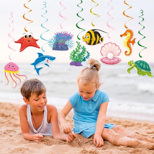Image of Under The Sea Party Decorations, Kaluofan 36 Pcs Ocean Themed Party Decorations, Under The Sea Ocean Themed Tropical Fish Ceiling Hanging Swirl