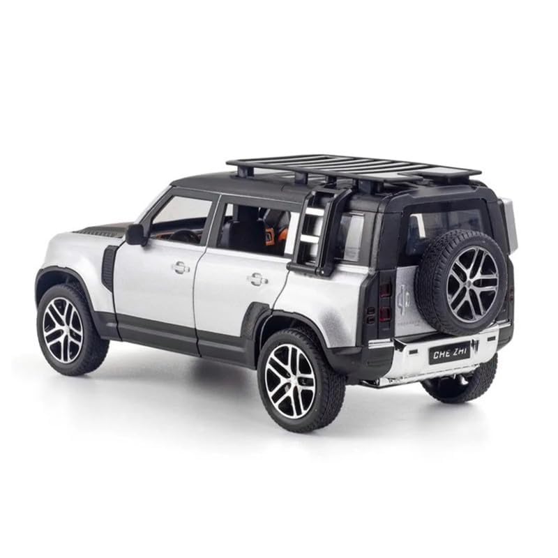 Image of 1:24 Land Rover Defender Alloy Diecast Model Car, Pull Back Vehicle with Openable Doors, Sound & Light Effects, Toy for Kids, for Car Enthusiasts and Collectors. (Silver)
