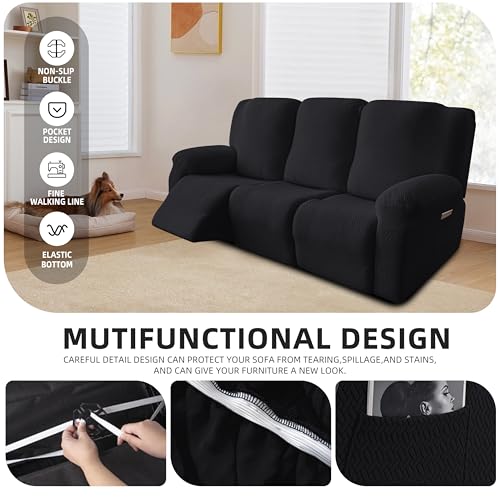 Image of Genina Recliner Sofa Covers - Stretch Reclining Couch Covers with Stripe Jacquard - 3 Seat Cushion Slipcovers with Soft Fabric - Furniture Protector for Pet Kid (Black)