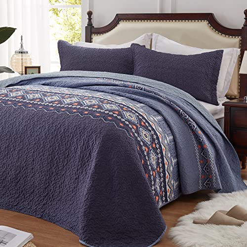 LEAONME Quilt Set Full/Queen Size 3 Piece Bedspread Coverlet Lightweight Comforter Microfiber Bedding Set for All Season Oversized 90x98 Inch Bed Cover Bohemian Navy Blue(1 Quilt,2 Pillow Shams)