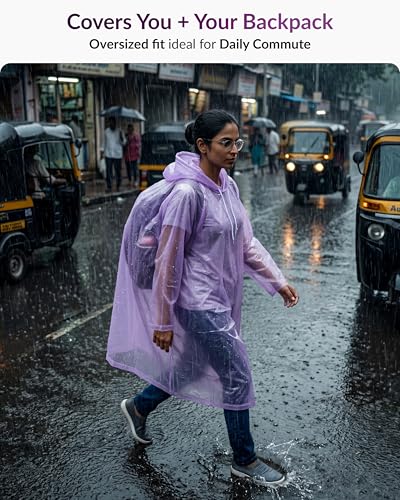 Image of Destinio Poncho for Men, Poncho for Women-Thick Waterproof PVC, Rain Coat, Reusable - Transparent Pocket Raincoat with Hood, Full Cover for Bag in Travel, Trekking, Bike Riders