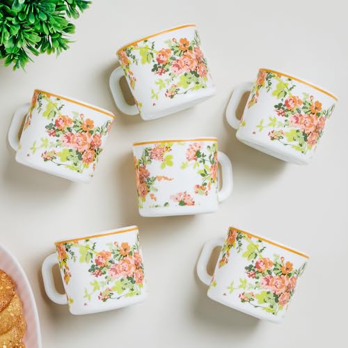Image of Larah by BOROSIL 100ml x 6pc Opalware Amora Tea /Coffee Mug Set, Microwave & Dishwasher Safe Embossed Design Crockery Set Ideal for Daily Use & Gifting
