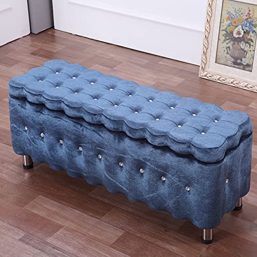 Banc de rangement velours bleu grand coffre tabouret moderne 60cm