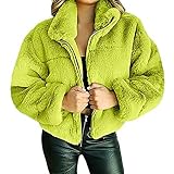Mayntop Women Coat Jacket Faux Fur Plus Size Zipper Furry Solid Color Fluffy Puffy Shearling Shaggy Stand Collar Loose Outerwear(A Yellow Green,3XL)