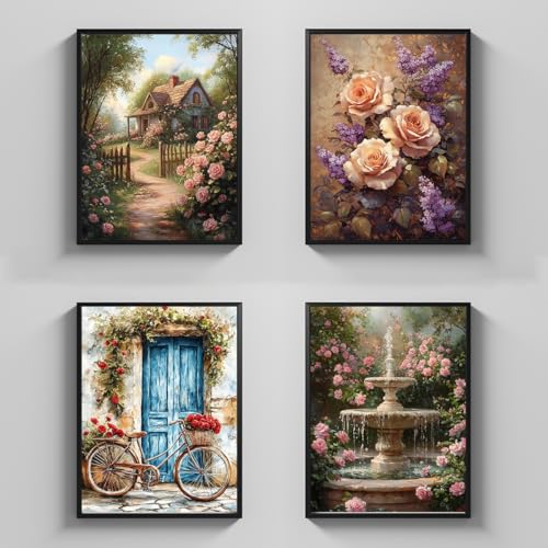 Image of JOZYSH 4pcs Rose Cross Stitch Stamped Kit for Beginners | Embroidery Supplies DIY Craft Kit Starter Needlepoint for Adults,30x40cm /12x16Inch