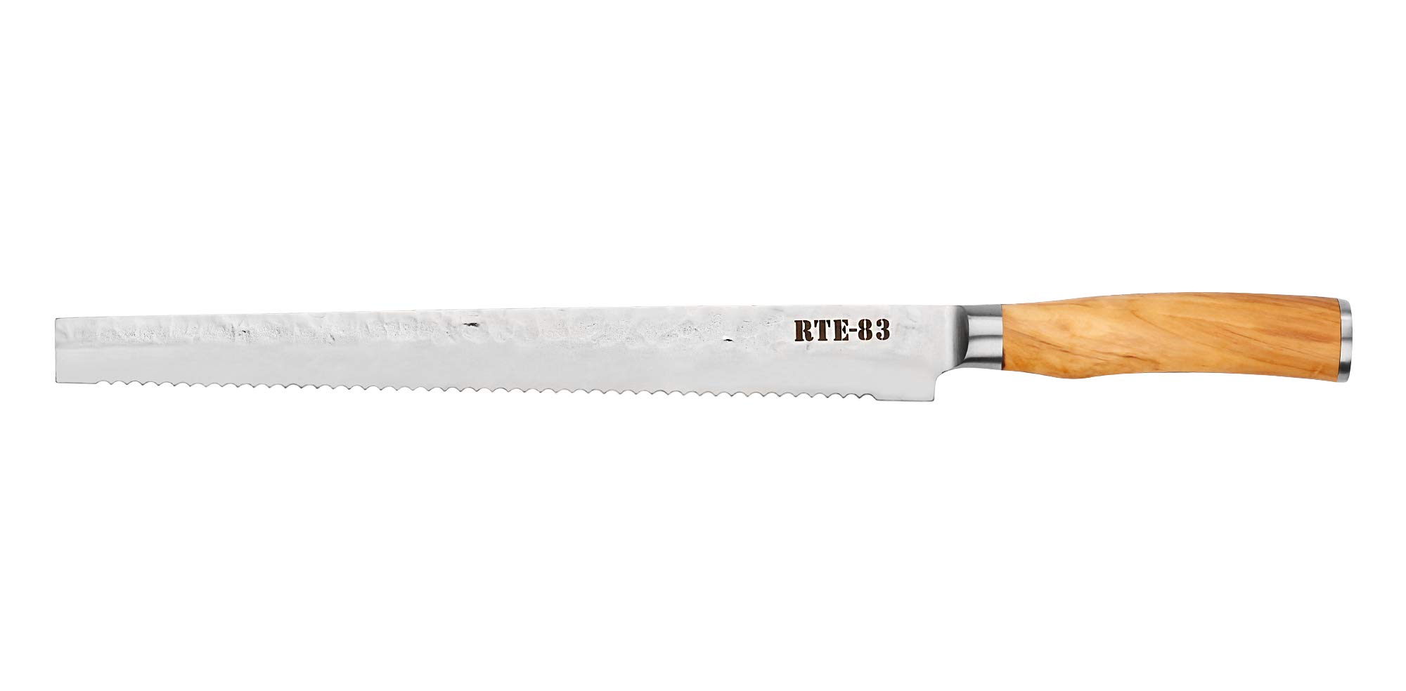 Route83 Classic 12" Serrated Bread Carving Knife Handmade Hammered German Steel Italian Olive Wood