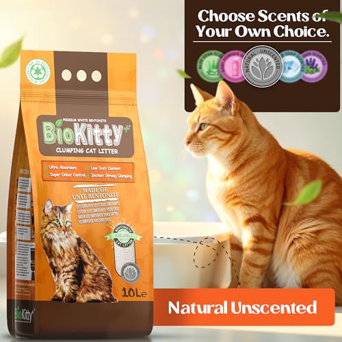 Image of BioKitty Clumping Cat Litter, Highly Absorbent Natural Mineral Bentonite Cat Sand Litter, Unscented Long Lasting Odour Control Cat Litter, Cat Litter Clumping, 10L (UNSCENTED)