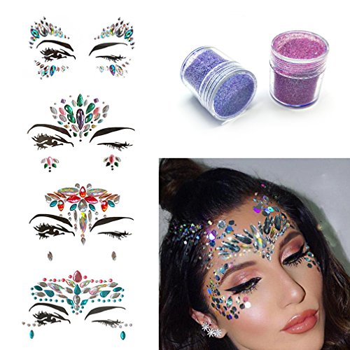 HUAYF Rhinestone Mermaid Face Jewels Tattoo 4 Sets Festival Rainbow Tears Temporary Stickers And Free Body Glitter