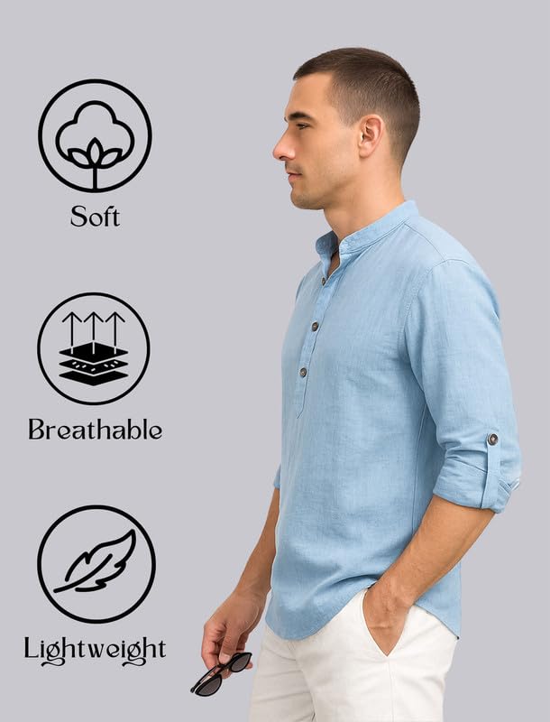 Image of DEEMOON Men's Cotton Blend Solid Regular Fit Full Sleeve Short Kurta | Men's Trendy Short Kurta