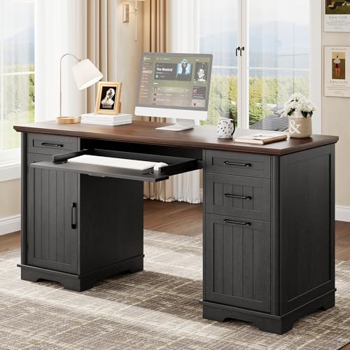 ONBRILL 56' Large Modern Executive Desk, Farmhouse Computer Desk with File Drawers, Wood Home Office Desks with Charging Station, Adjustable Shelf, Storage Cabinet, for Writing Work Study (Black)