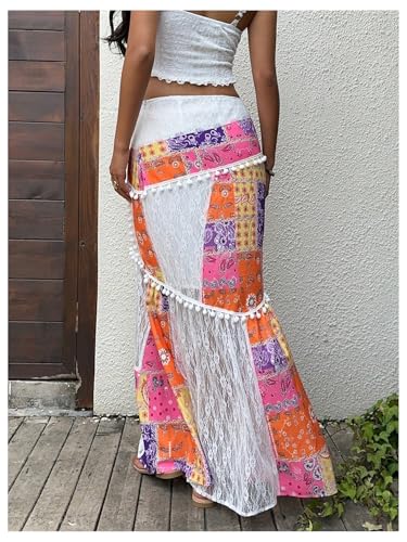 GORGLITTER Women's Lace Patchwork Boho Maxi Skirt Floral Paisley Pompom A Line Peasant Renaissance Skirts2
