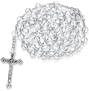 Catholic Necklace White Clear Glass Christian Amulet Crystal Rosary Beads Necklace Cross Necklace Holy First Communion Gifts with Long Chain for Women Men Girls Boys