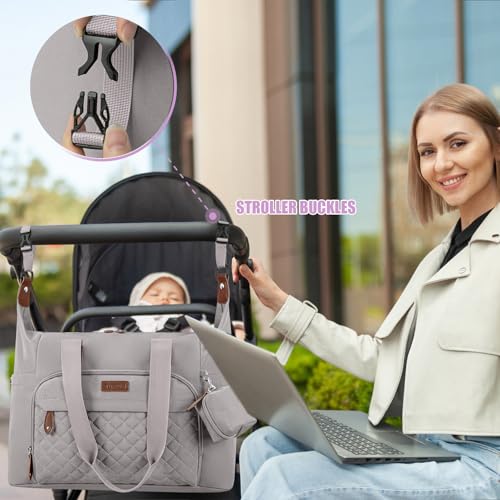 Image of Tuwubi Diaper Bag Tote,Baby Diaper Bag with Pacifier Case Large Travel Diaper Tote Caddy for Mom and Dad Multifunction Baby Bag - M-Light Khaki