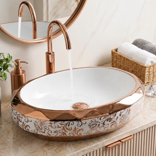 Image of BASSINO 24x16x5 Inches Table Top Washbasin /1 Year Warranty /Ceramic Wash Basin for Bathroom /Oval Counter Top Wash Basin for Dining Hall /Living Room /Designer Vessel Sink(Glossy White & Rosegold)