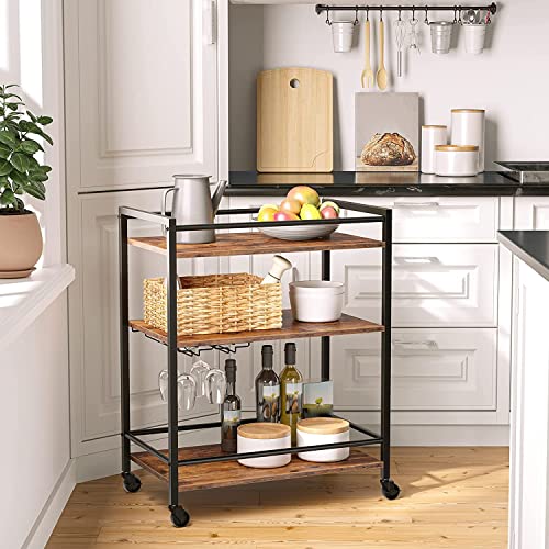 HYGRAD BUILT TO SURVIVE Kitchen Cart 3 Tier Rolling Industrial Design Rustic Look Wooden Kitchen Food Serving Cart Trolley With Wheels & Glass Hooks