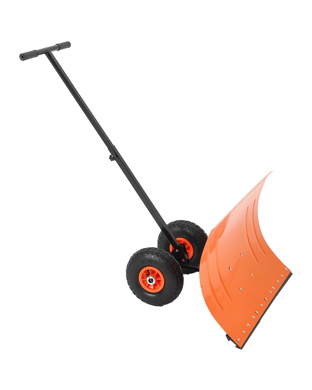Garvee Pala de Nieve con Ruedas de Acero de un Solo Poste, Quitanieves Manual con Tira de Goma, Empujador de Nieve de Metal Ajustable con Neumáticos de Caucho para Limpieza Exterior, Naranja